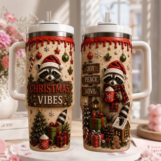 Personalized Christmas Raccoon Tumbler 40oz, Custom Name Cup With Handle, Cute Christmas Tumbler, Holiday Gift For Raccoon Lovers