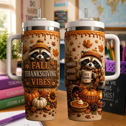 Personalized Thanksgiving Raccoon Tumbler 40oz, Custom Name Cup, Fall Pumpkin Tumbler, Thanksgiving Gift For Raccoon Lovers