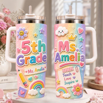 Personalized Grade Teacher Tumbler 40oz, Custom Teacher Name Cup With Handle, Back To School Tumbler, Teacher Appreciation Gift