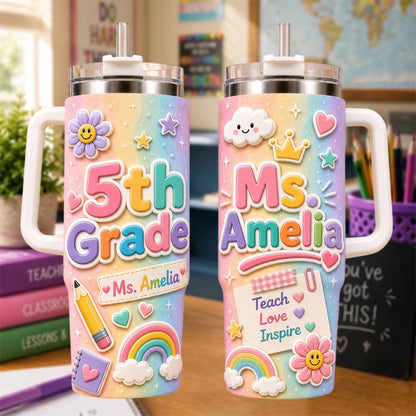 Personalized Grade Teacher Tumbler 40oz, Custom Teacher Name Cup With Handle, Back To School Tumbler, Teacher Appreciation Gift