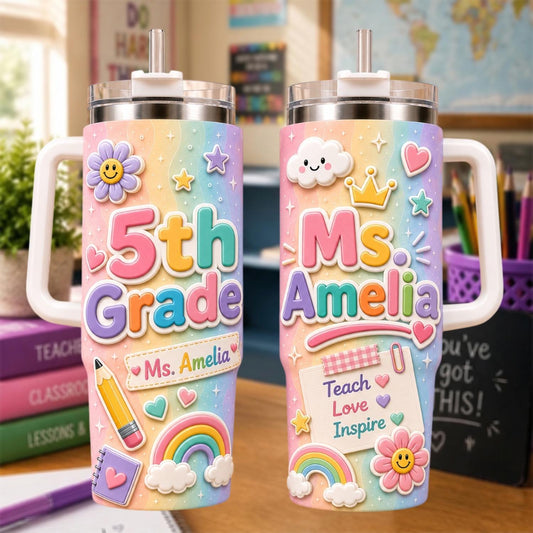 Personalized Grade Teacher Tumbler 40oz, Custom Teacher Name Cup With Handle, Back To School Tumbler, Teacher Appreciation Gift