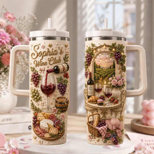 Personalized Wine Lover Tumbler 40oz, Custom Wine Club Cup, Wine Drinking Travel Mug, Wine Gift For Her, Vineyard Lover Gift