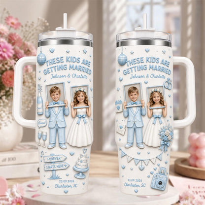Personalized Photo And Color Couple Wedding Tumbler 40oz, Custom Kids Getting Married Cup With Handle, Wedding Party Keepsake