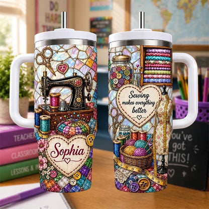 Personalized Sewing Tumbler 40oz, Custom Sewing Name, Quilting Travel Mug, Seamstress Appreciation Gift