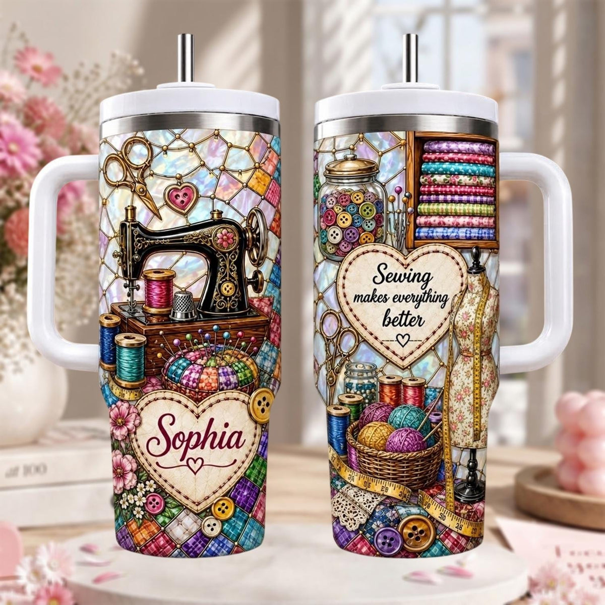 Personalized Sewing Tumbler 40oz, Custom Sewing Name, Quilting Travel Mug, Seamstress Appreciation Gift