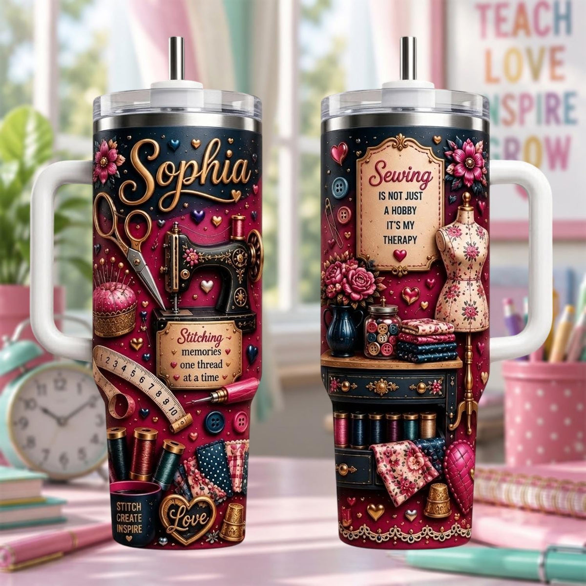 Personalized Sewing Tumbler 40oz, Custom Seamstress Name Cup, Sewing Therapy Travel Mug, Sewing Lover Gift
