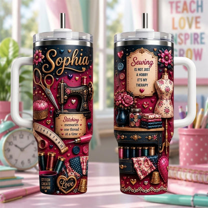 Personalized Sewing Tumbler 40oz, Custom Seamstress Name Cup, Sewing Therapy Travel Mug, Sewing Lover Gift