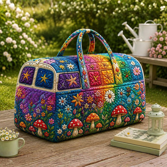 Rainbow Floral Mushroom Duffel, Cottagecore Travel Tote, Personalized Overnight Bag, Quilted Weekender Bag, Gift 2026 For Her, Travel Gift