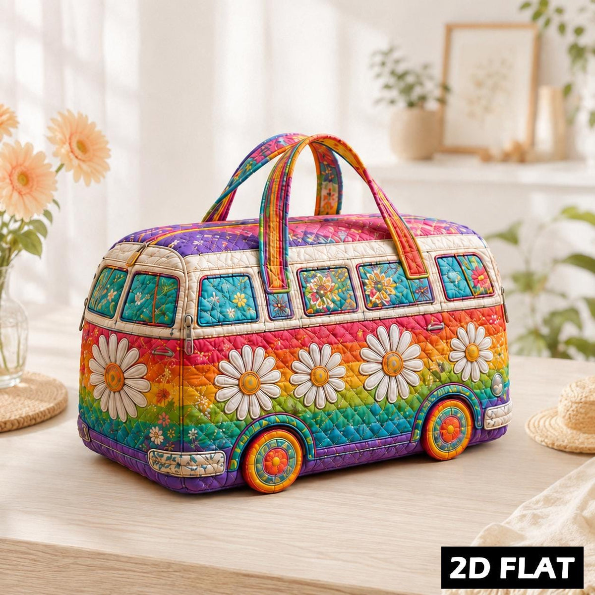Quilted Camper Van Duffel Bag, Boho Floral Weekender, Retro Travel Tote, Cute Overnight Bag, Personalized Gift For Her, Road Gift, Gift 2026