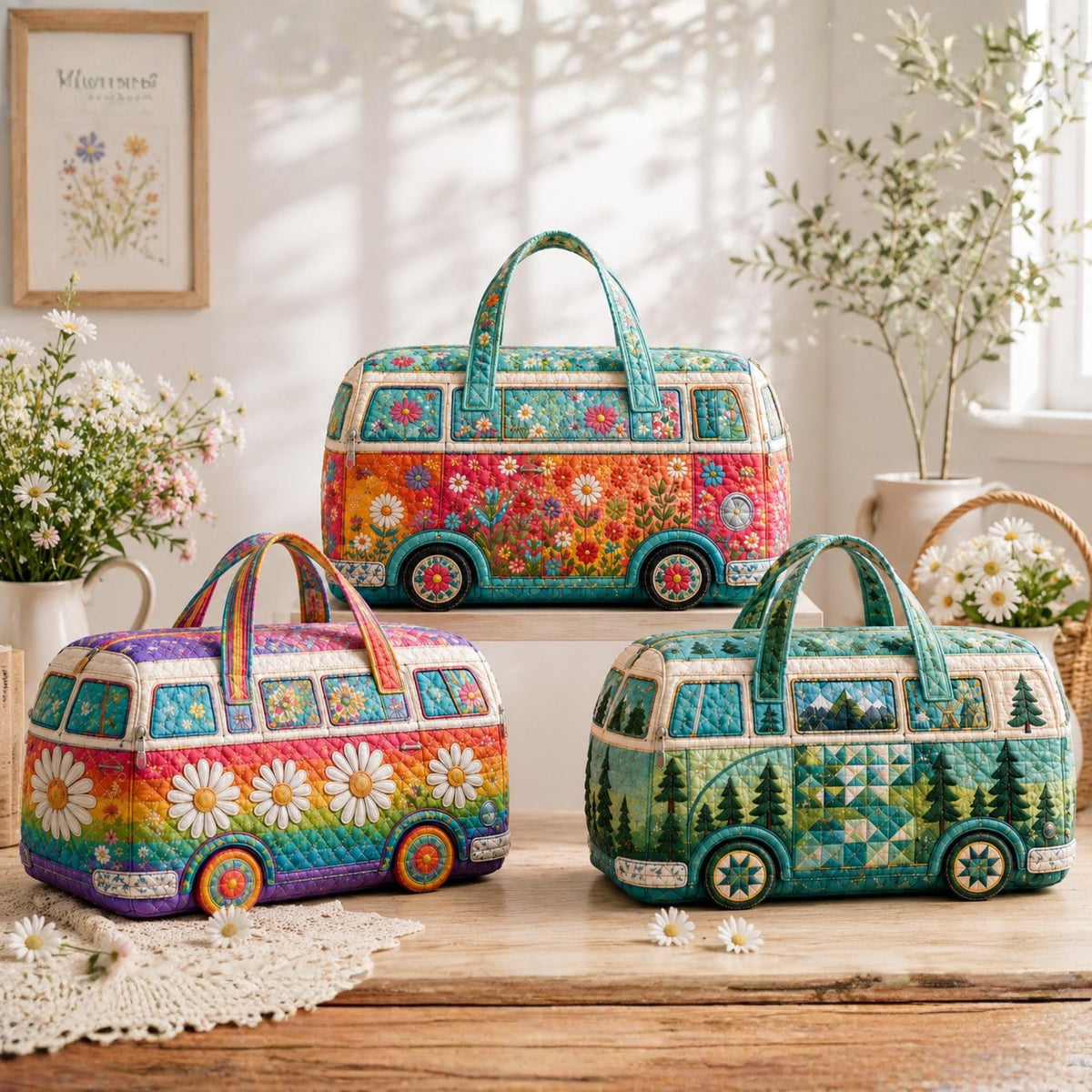 Quilted Camper Van Duffel Bag, Boho Floral Weekender, Retro Travel Tote, Cute Overnight Bag, Personalized Gift For Her, Road Gift, Gift 2026