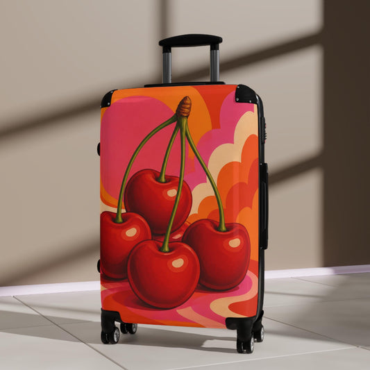 Bold 70s Retro Cherry Still Life Suitcase | Personalized Hard Shell Luggage