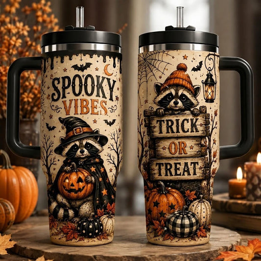 Personalized Halloween Tumbler 40oz, Custom Spooky Vibes Cup With Handle, Cute Raccoon Trick Or Treat Tumbler, Halloween Gift