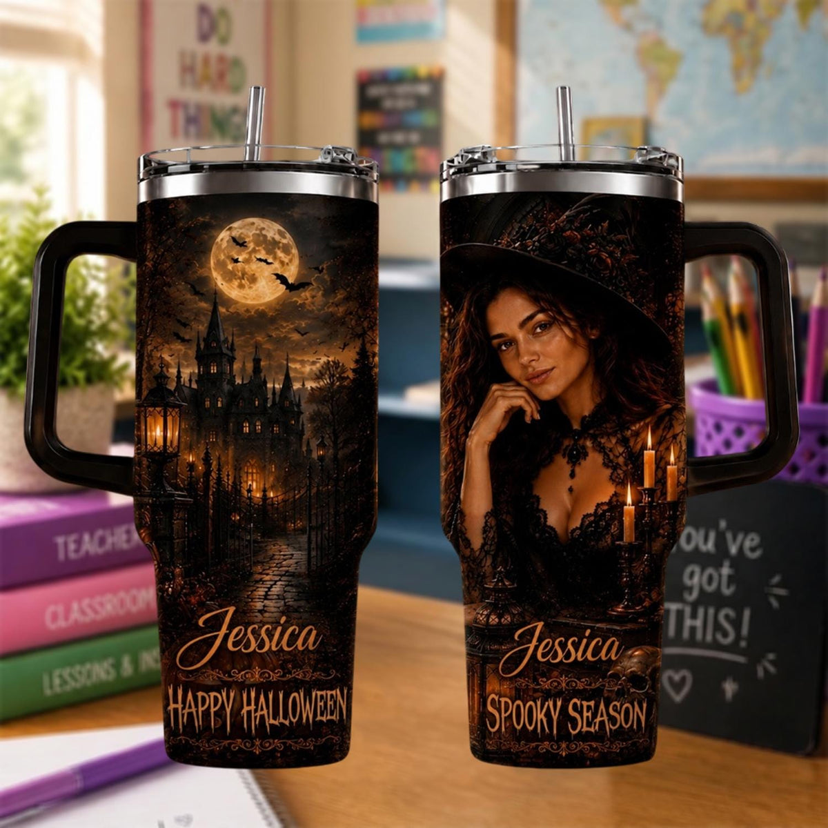 Personalized Halloween Tumbler 40oz, Custom Witch Name Cup With Handle, Spooky Gothic Halloween Tumbler, Witch Lover Gift