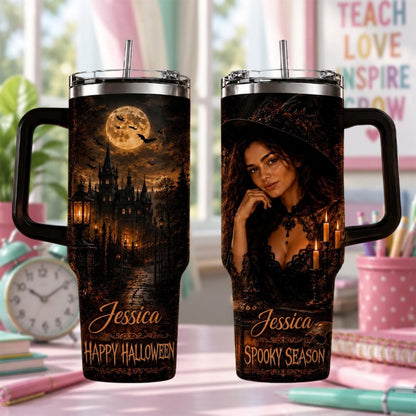 Personalized Halloween Tumbler 40oz, Custom Witch Name Cup With Handle, Spooky Gothic Halloween Tumbler, Witch Lover Gift