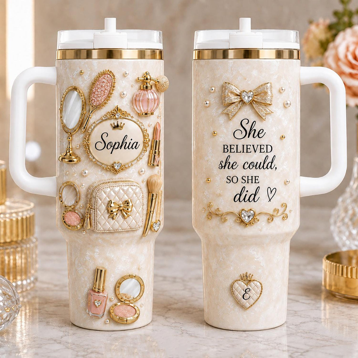 Personalized Beauty Tumbler 40oz, Custom Name Cup With Handle, Elegant Makeup Tumbler For Women, Inspirational Gift