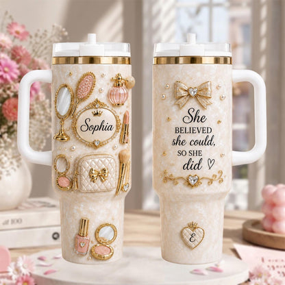 Personalized Beauty Tumbler 40oz, Custom Name Cup With Handle, Elegant Makeup Tumbler For Women, Inspirational Gift