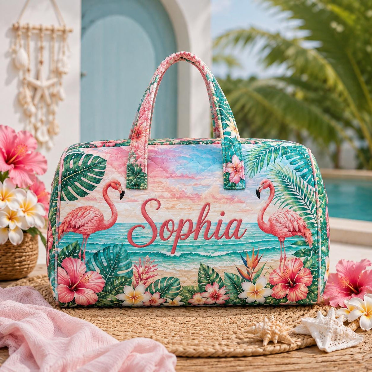 Personalized Flamingo Duffle Bag, Custom Name Weekender Bag, Tropical Beach Tote, Summer Vacation Gift 2026, Gift For Her, Travel Gift Idea