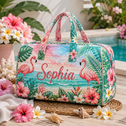 Personalized Flamingo Duffle Bag, Custom Name Weekender Bag, Tropical Beach Tote, Summer Vacation Gift 2026, Gift For Her, Travel Gift Idea