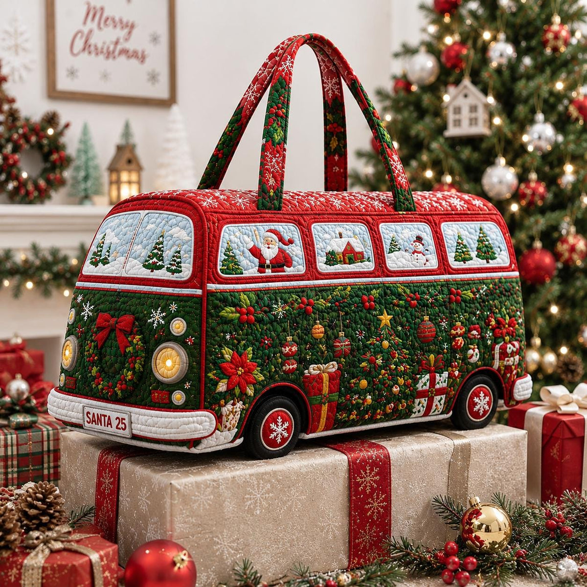 Christmas Quilted Travel Bag, Vintage Camper Duffel Bag, Holiday Weekender Tote, Festive Overnight Luggage, Gift 2026, Christmas Gift
