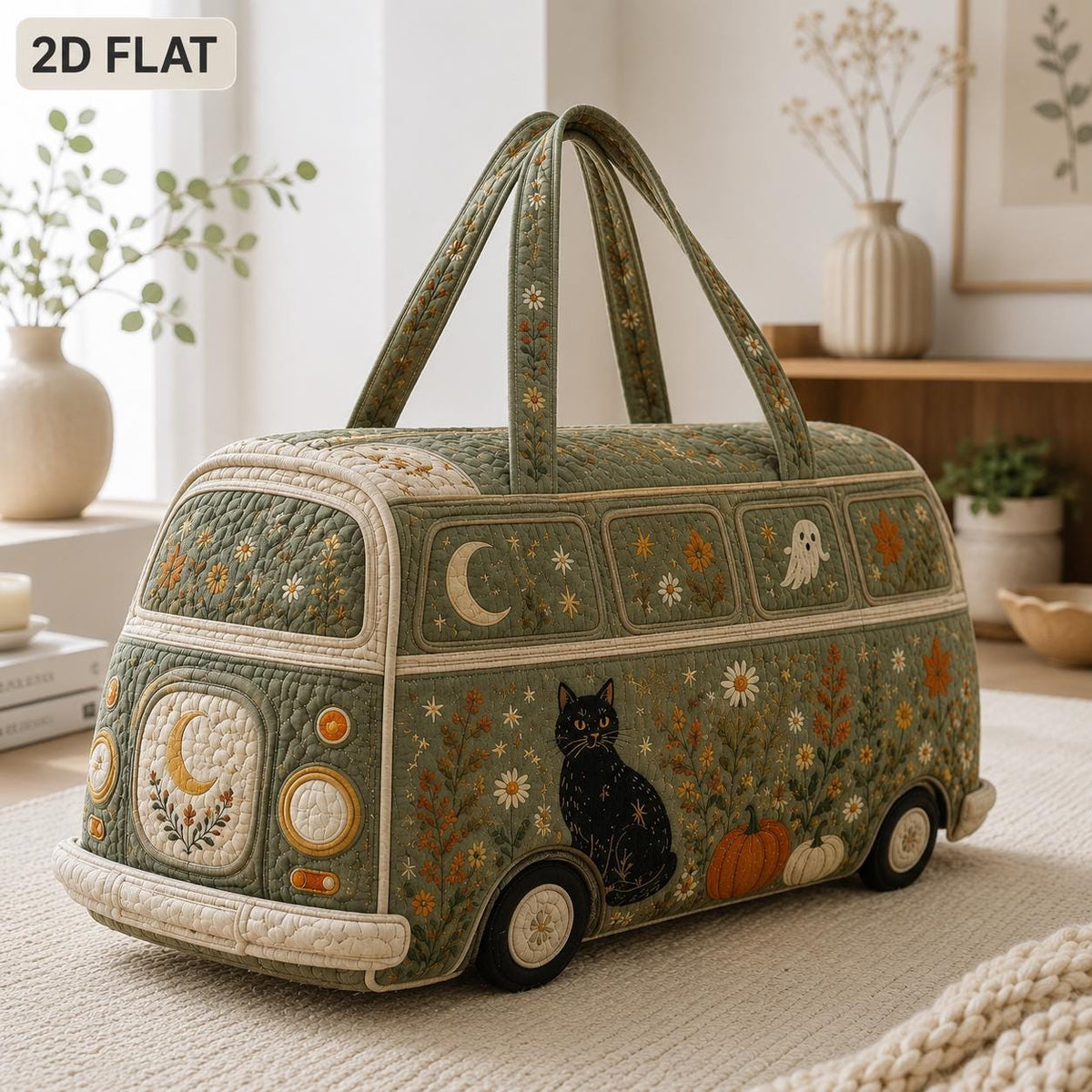 Quilted Halloween Camper Bag, Autumn Cat Pumpkin Tote, Cozy Fall Travel Bag, Witchy Floral Gift For Her, Gift 2026, Personalized Tote Bag