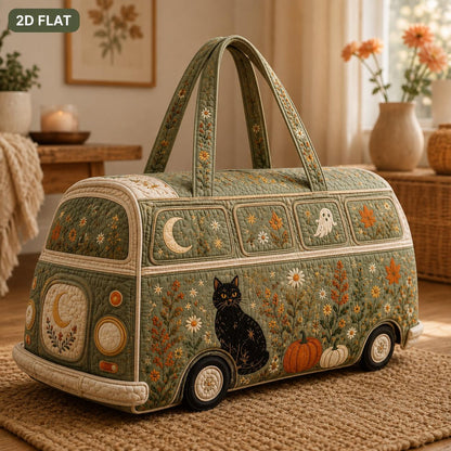 Quilted Halloween Camper Bag, Autumn Cat Pumpkin Tote, Cozy Fall Travel Bag, Witchy Floral Gift For Her, Gift 2026, Personalized Tote Bag