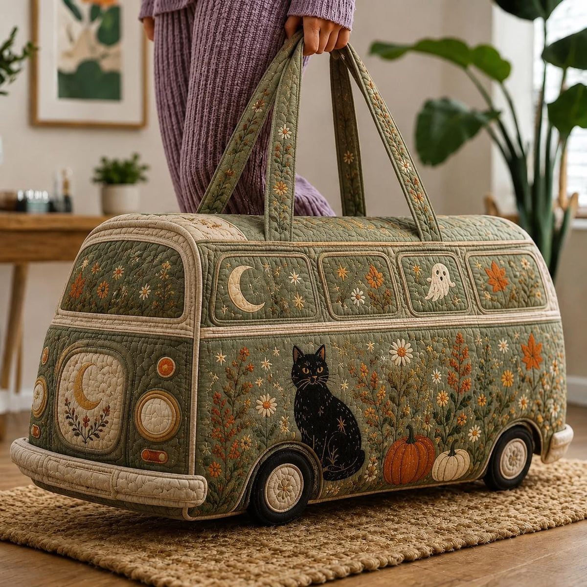 Quilted Halloween Camper Bag, Autumn Cat Pumpkin Tote, Cozy Fall Travel Bag, Witchy Floral Gift For Her, Gift 2026, Personalized Tote Bag