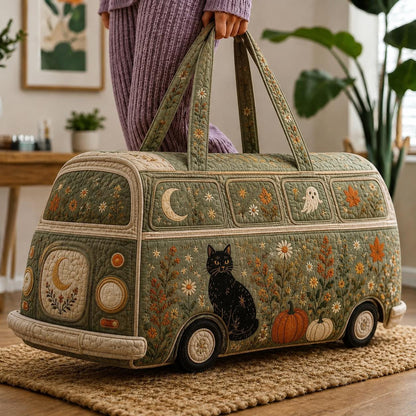 Quilted Halloween Camper Bag, Autumn Cat Pumpkin Tote, Cozy Fall Travel Bag, Witchy Floral Gift For Her, Gift 2026, Personalized Tote Bag