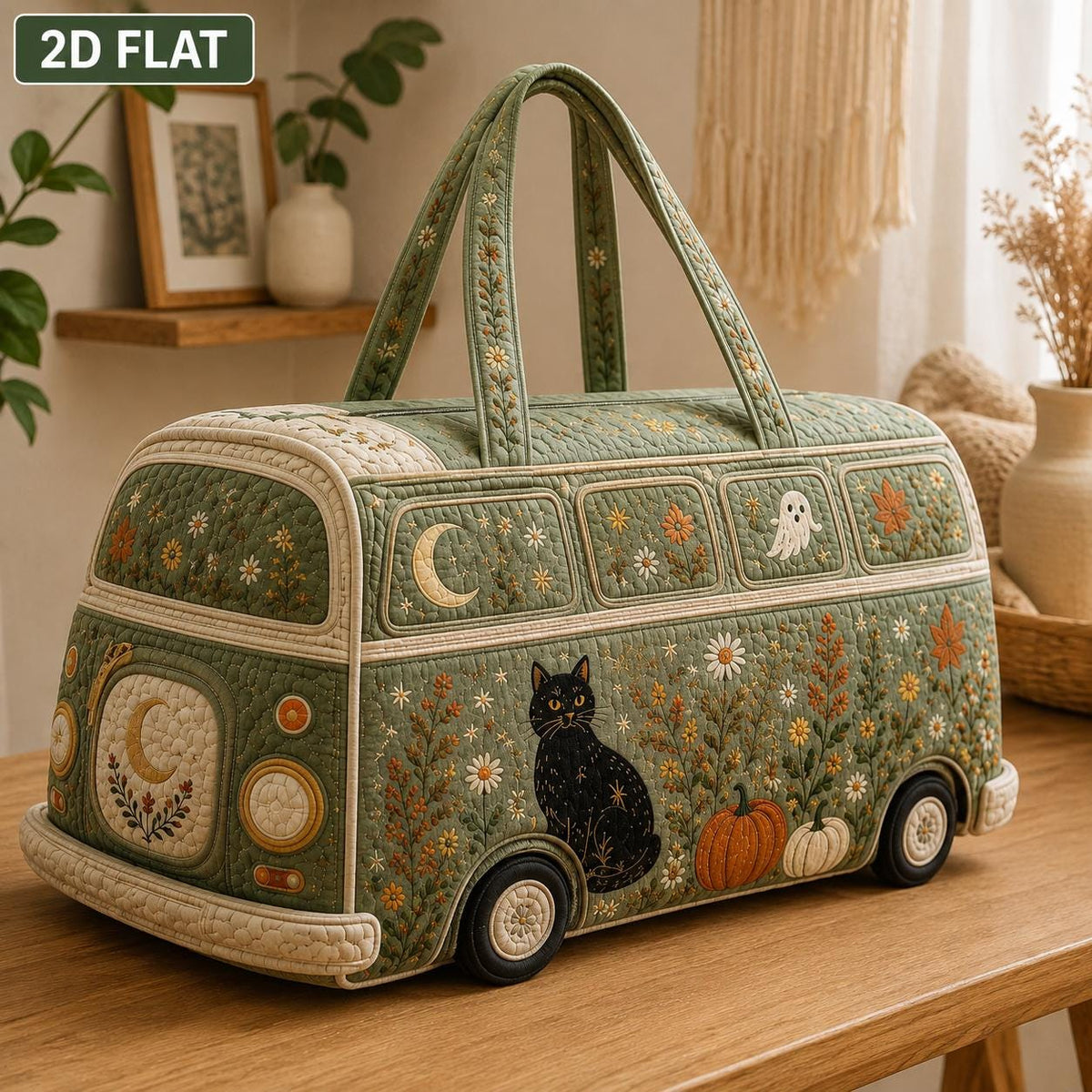 Quilted Halloween Camper Bag, Autumn Cat Pumpkin Tote, Cozy Fall Travel Bag, Witchy Floral Gift For Her, Gift 2026, Personalized Tote Bag
