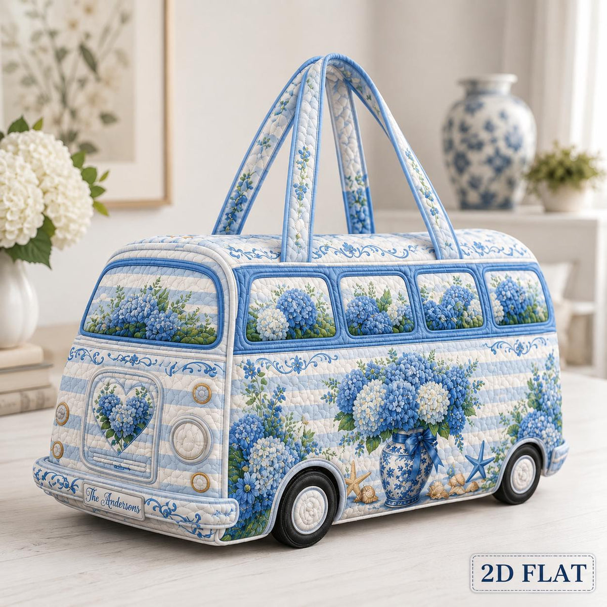 Blue Hydrangea Quilted Tote Bag, Floral Summer Purse, Coastal Garden Gift, Elegant Travel Bag For Her, Gift 2026, Personalized Carryall