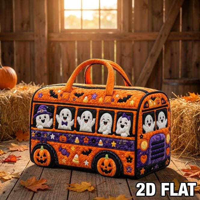 Halloween Ghost Bus Quilted Bag, Spooky Travel Tote, Pumpkin Candy Carrier, Trick Or Treat Storage Bag, Halloween Gift 2026, Custom Name