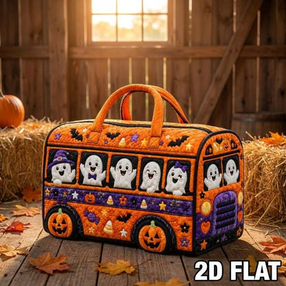 Halloween Ghost Bus Quilted Bag, Spooky Travel Tote, Pumpkin Candy Carrier, Trick Or Treat Storage Bag, Halloween Gift 2026, Custom Name