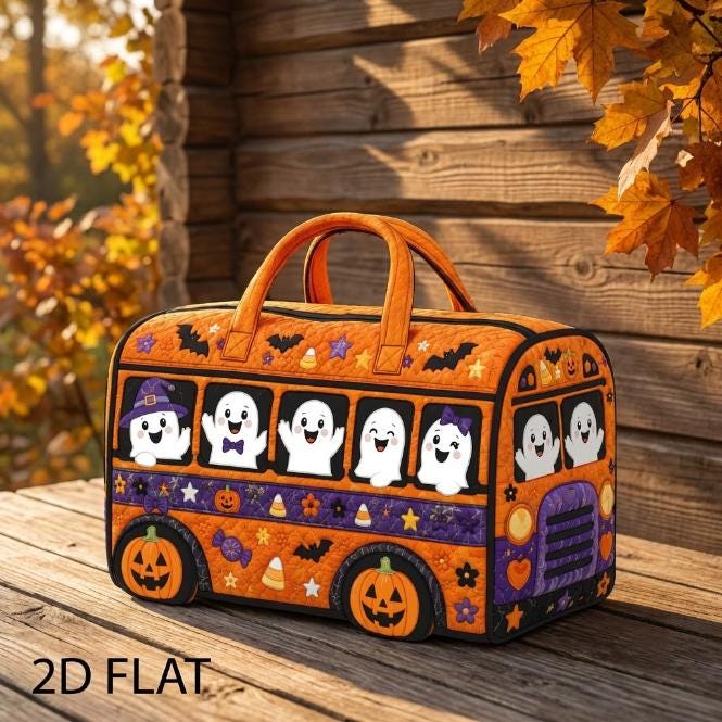 Halloween Ghost Bus Quilted Bag, Spooky Travel Tote, Pumpkin Candy Carrier, Trick Or Treat Storage Bag, Halloween Gift 2026, Custom Name