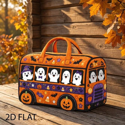 Halloween Ghost Bus Quilted Bag, Spooky Travel Tote, Pumpkin Candy Carrier, Trick Or Treat Storage Bag, Halloween Gift 2026, Custom Name