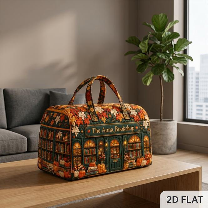Personalized Bookshop Travel Bag, Autumn Library Quilted Duffle, Literary Overnight Tote, Teacher Gift, Book Lover Present, Fall Gift 2026