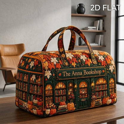 Personalized Bookshop Travel Bag, Autumn Library Quilted Duffle, Literary Overnight Tote, Teacher Gift, Book Lover Present, Fall Gift 2026