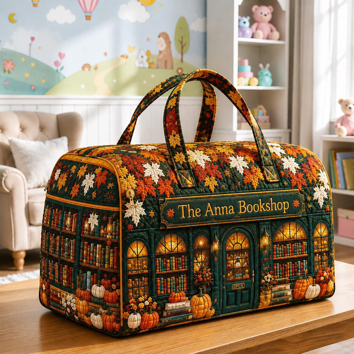 Personalized Bookshop Travel Bag, Autumn Library Quilted Duffle, Literary Overnight Tote, Teacher Gift, Book Lover Present, Fall Gift 2026
