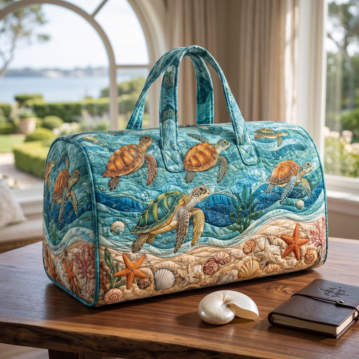 Personalized Sea Turtle Quilted Duffel Bag, Ocean Travel Weekender, Beach Overnight Tote, Coastal Lover Custom Gift, Gift 2026