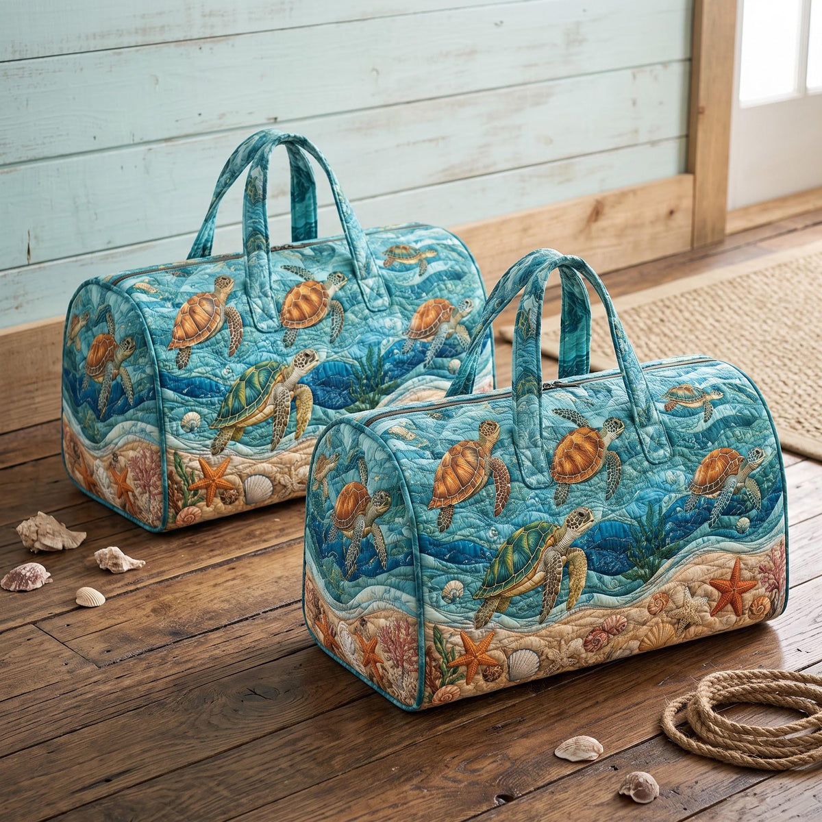 Personalized Sea Turtle Quilted Duffel Bag, Ocean Travel Weekender, Beach Overnight Tote, Coastal Lover Custom Gift, Gift 2026