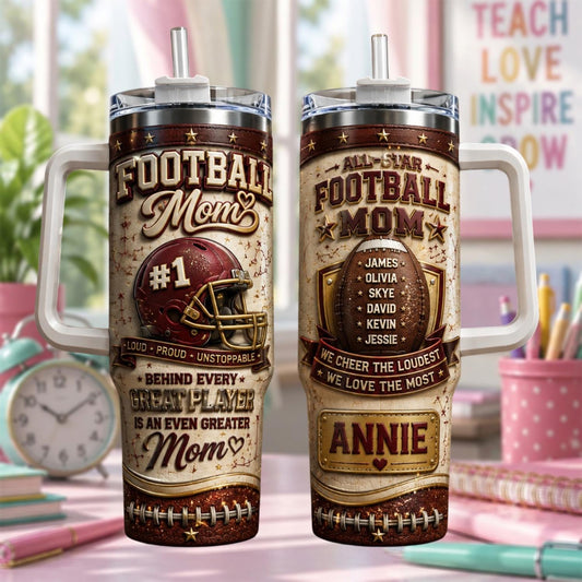 Personalized Football Mom Tumbler 40oz, Custom Football Mom Cup With Handle, Football Season Gift, Sports Mom Tumbler