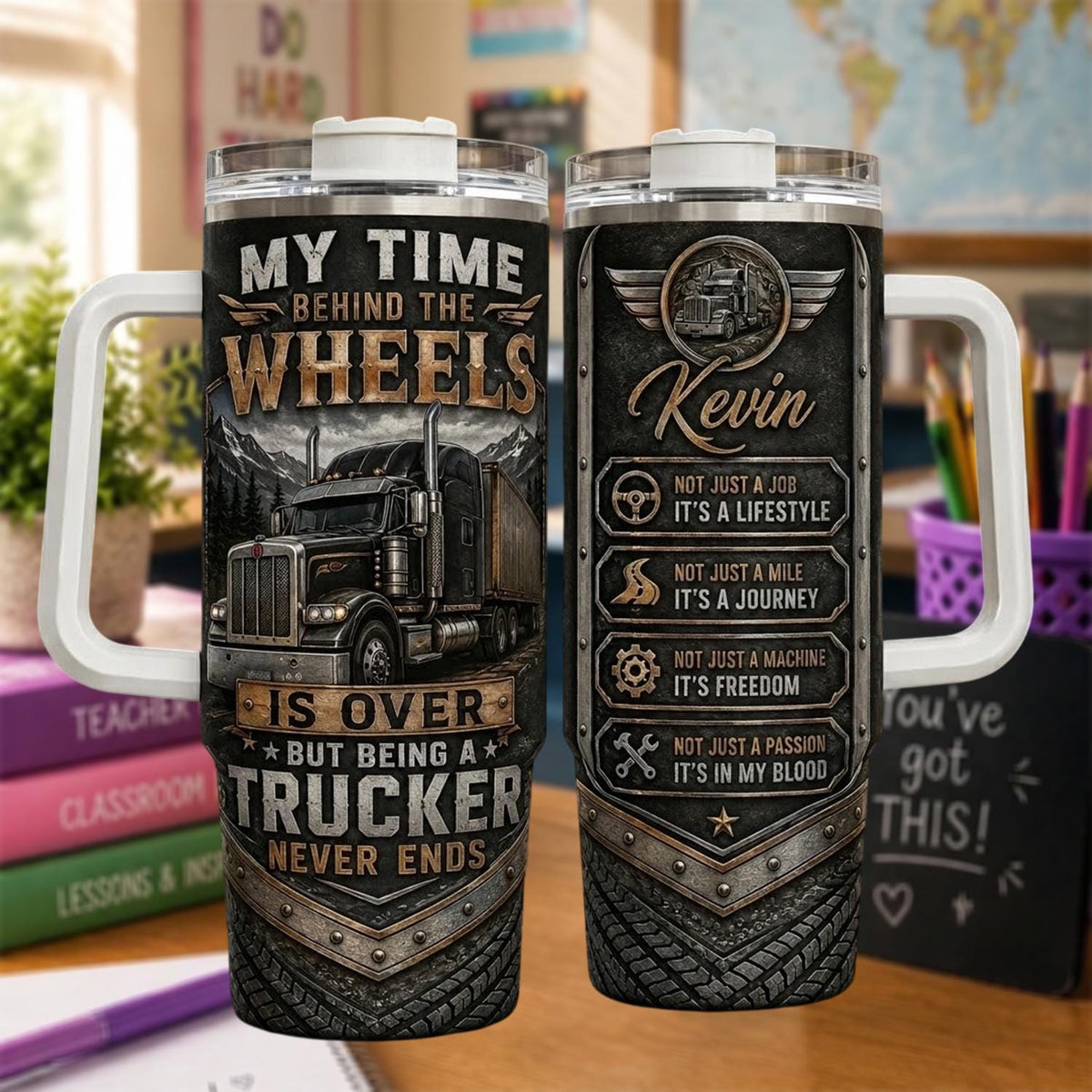 Personalized Trucker Tumbler 40oz, Custom Trucker Name Cup With Handle, Semi Truck Driver Gift, Trucking Tumbler