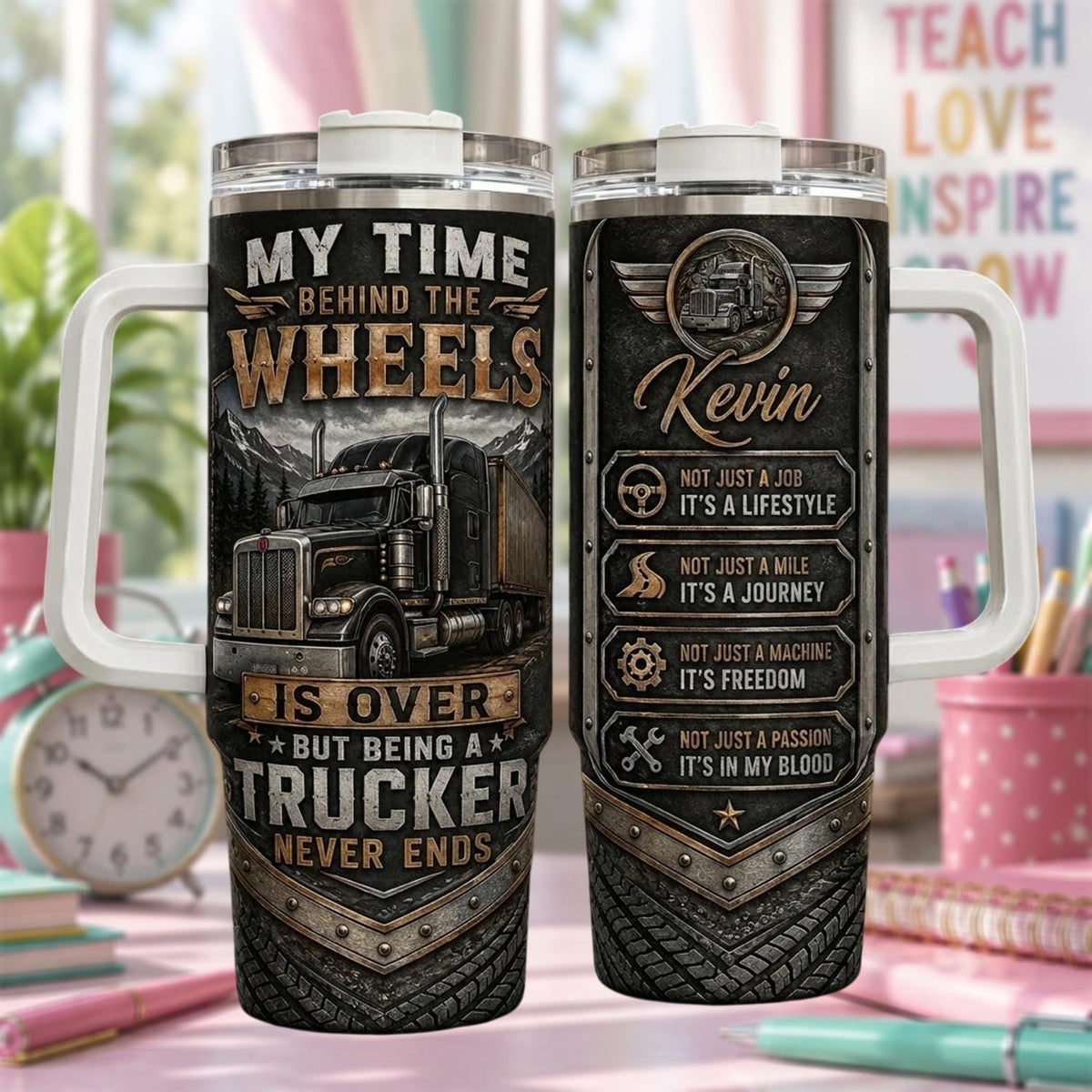 Personalized Trucker Tumbler 40oz, Custom Trucker Name Cup With Handle, Semi Truck Driver Gift, Trucking Tumbler