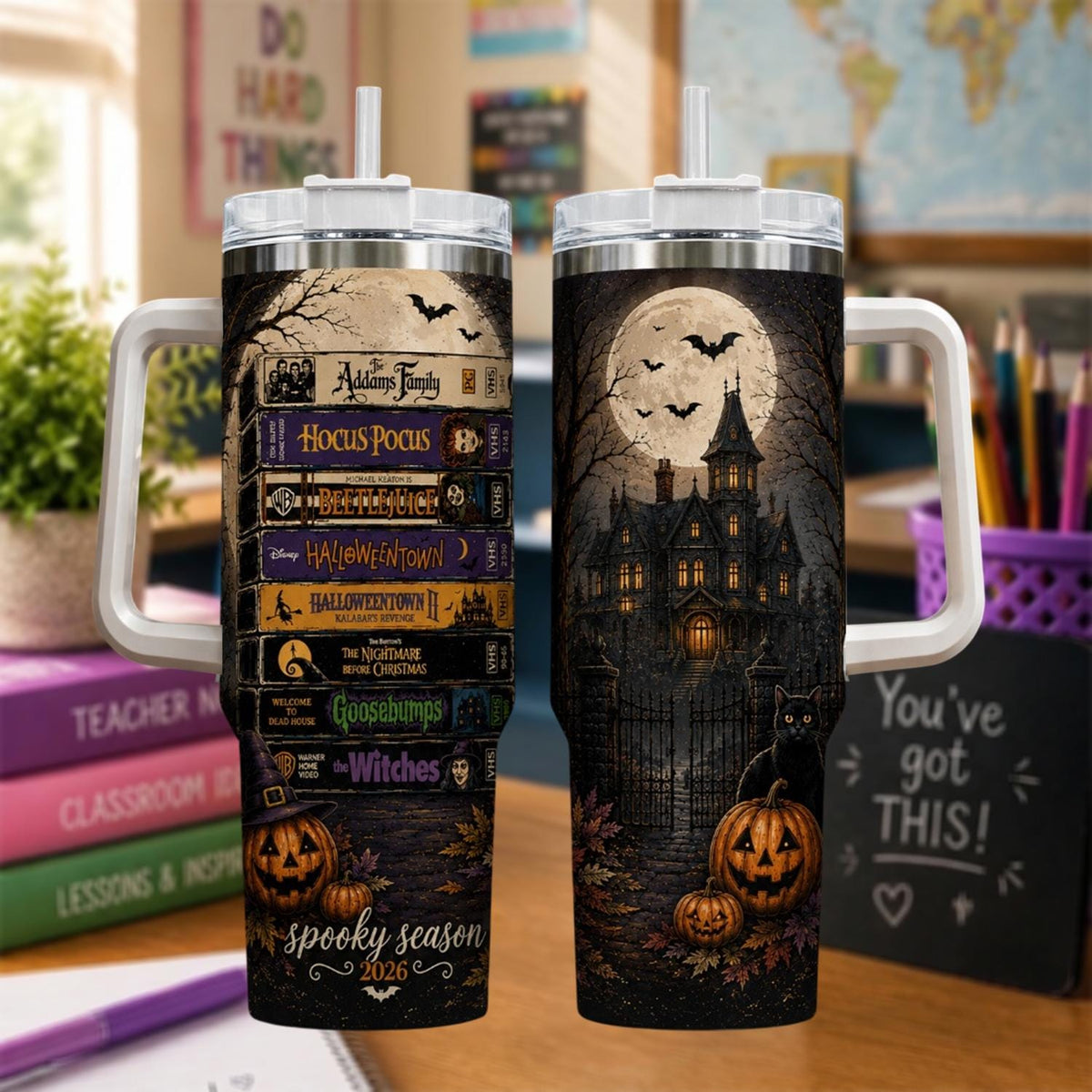 Personalized Halloween Tumbler 40oz, Custom Halloween Cup With Handle, Spooky Haunted House Tumbler, Halloween Gift, Witchy Tumbler