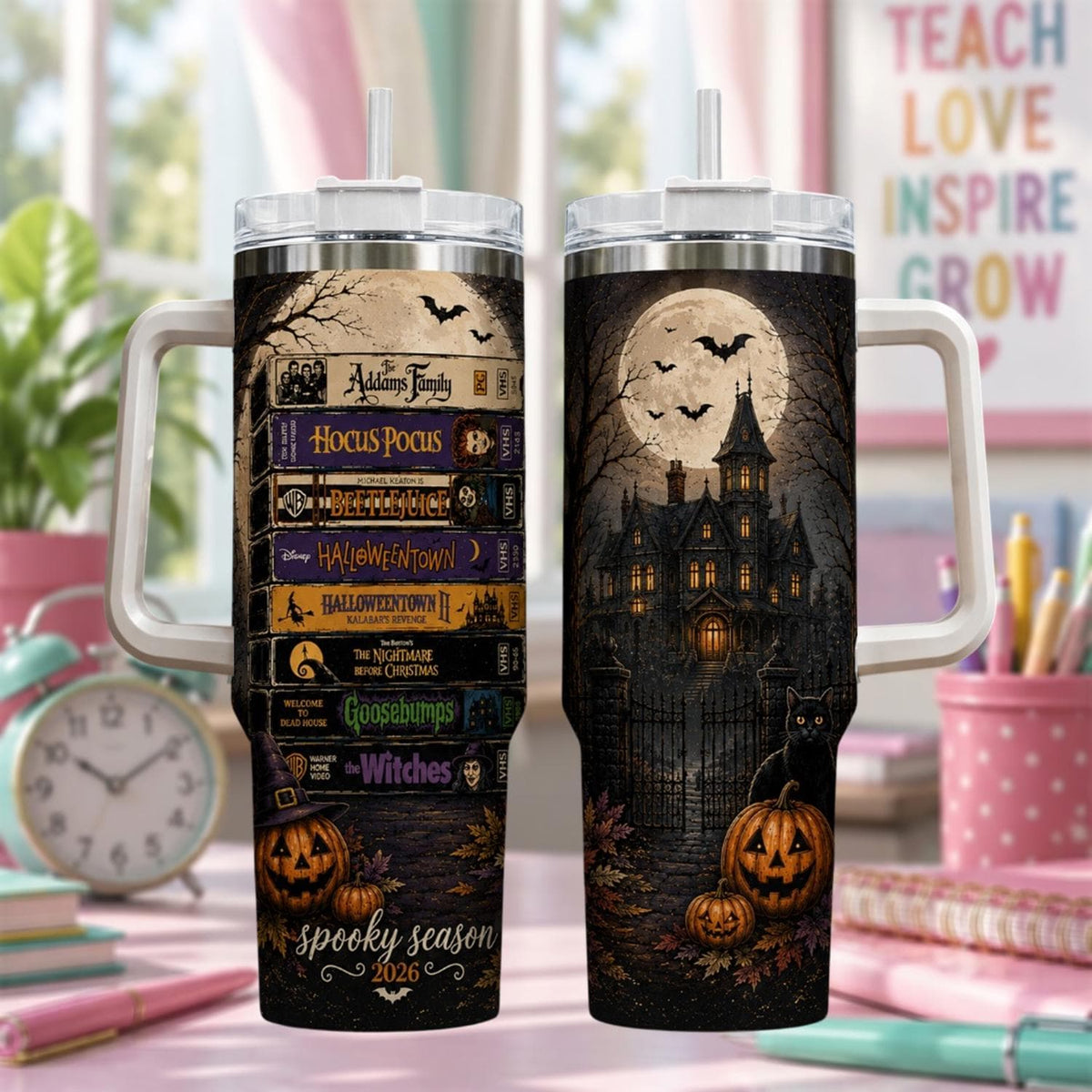 Personalized Halloween Tumbler 40oz, Custom Halloween Cup With Handle, Spooky Haunted House Tumbler, Halloween Gift, Witchy Tumbler