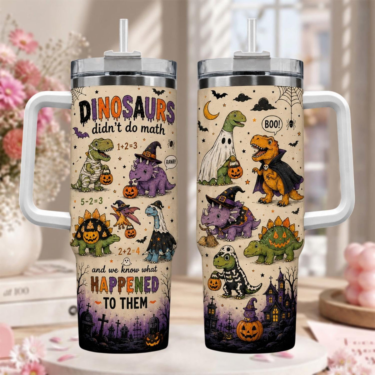Personalized Dinosaur Didnt Do Math Halloween Tumbler 40oz, Funny Dinosaur Tumbler, Spooky Kids Gift, Halloween Gift