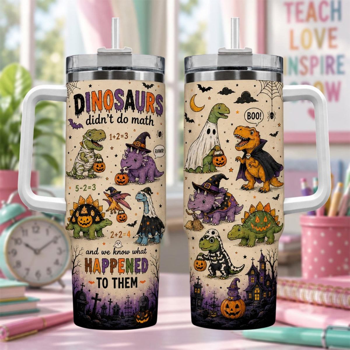 Personalized Dinosaur Didnt Do Math Halloween Tumbler 40oz, Funny Dinosaur Tumbler, Spooky Kids Gift, Halloween Gift