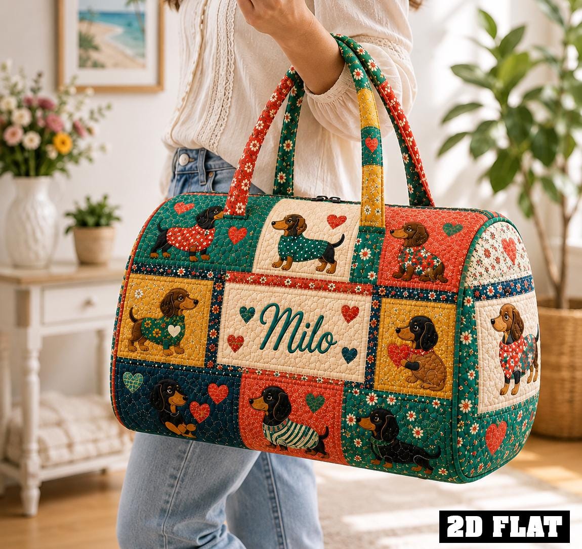 Personalized Dachshund Duffle Bag, Quilted Wiener Dog Travel Tote, Custom Name Weekender, Dog Lover Present, Cute Pet Carryall, Gift 2026
