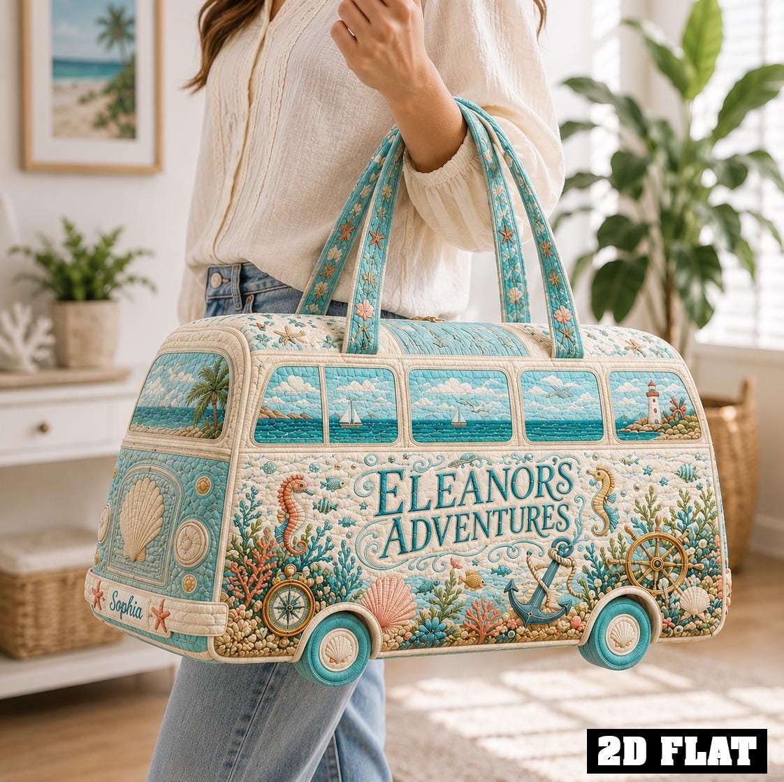 Personalized Coastal Camper Duffle Bag, Custom Name Quilted Travel Tote, Beach Vacation Carryall, Ocean Lover Gift 2026, Seaside Weekender