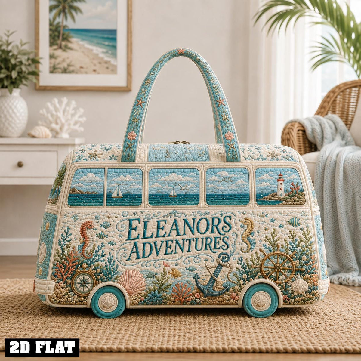 Personalized Coastal Camper Duffle Bag, Custom Name Quilted Travel Tote, Beach Vacation Carryall, Ocean Lover Gift 2026, Seaside Weekender