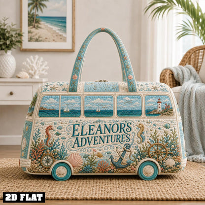 Personalized Coastal Camper Duffle Bag, Custom Name Quilted Travel Tote, Beach Vacation Carryall, Ocean Lover Gift 2026, Seaside Weekender