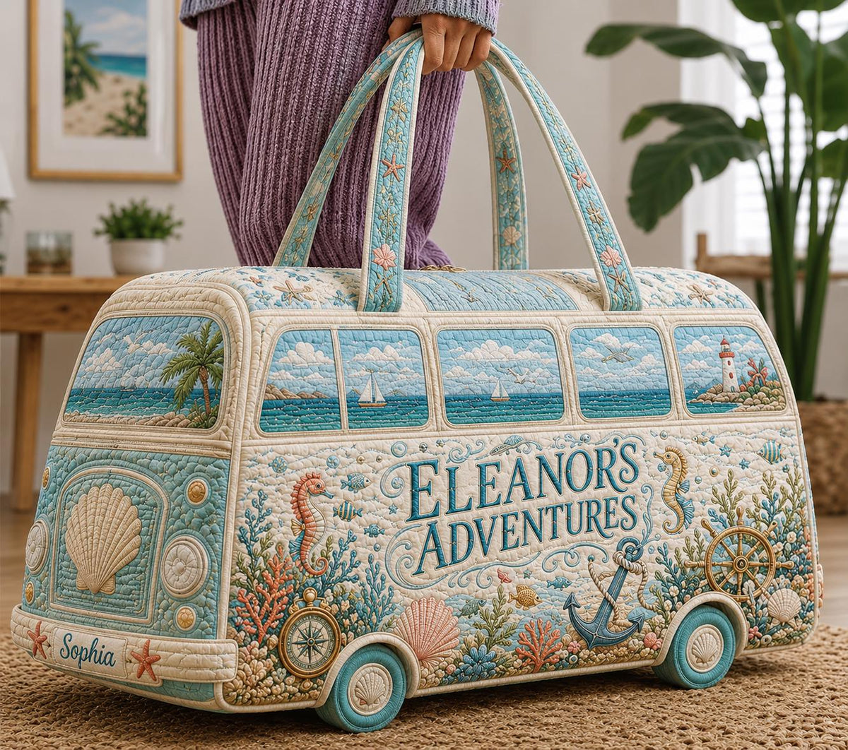 Personalized Coastal Camper Duffle Bag, Custom Name Quilted Travel Tote, Beach Vacation Carryall, Ocean Lover Gift 2026, Seaside Weekender